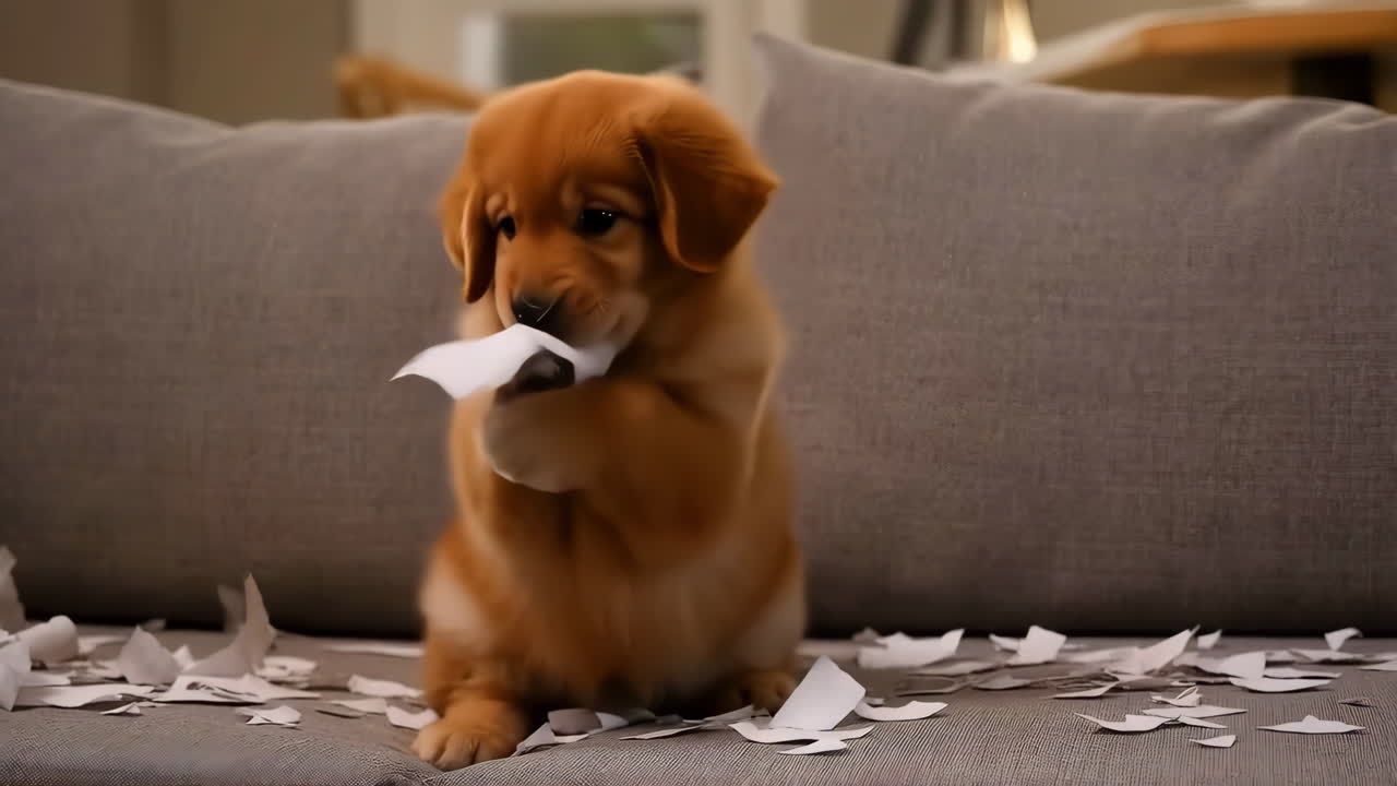 Mischievous Golden Retriever Puppy Makes a Paper Mess