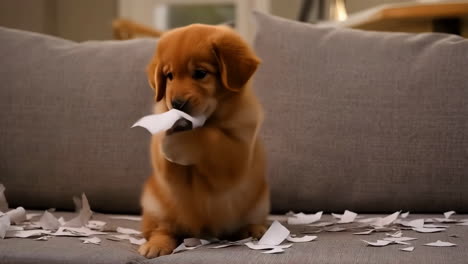mischievous golden retriever puppy makes a paper mess