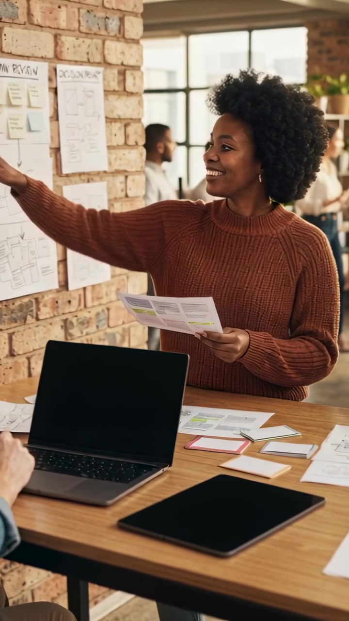 Vertical video: Reviewing pages, woman in rust sweater pointing at brick wall for team discussion