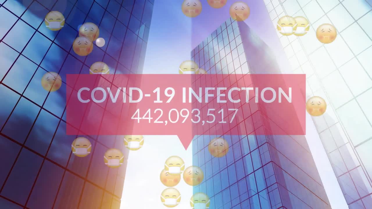 Covid-19 infection text with increasing cases and multiple face emojis floating over tall buildings