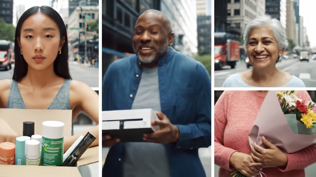 A delivery driver stands on a city street, focusing on his handheld device as large delivery trucks pass by. The vibrant urban environment highlights the hustle of daily transit.