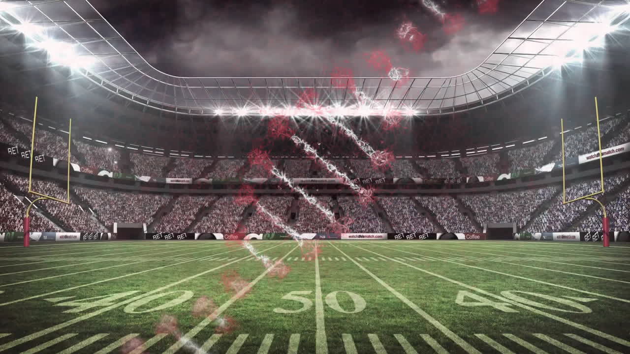 Football stadium with DNA strand animation over field and cheering crowd