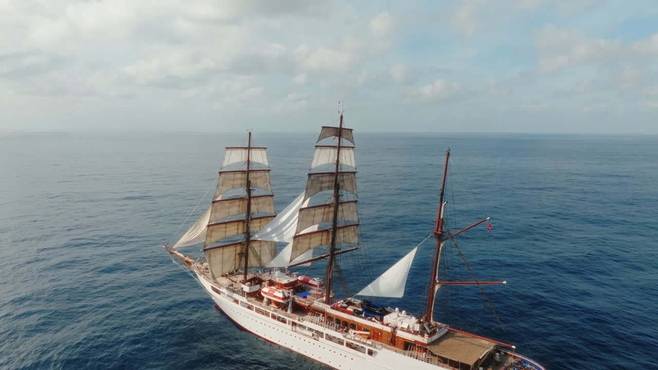 Sea cloud luxury cruise ship sailing vessel in the Atlantic Ocean under clear daylight, Drone shot, Closeup