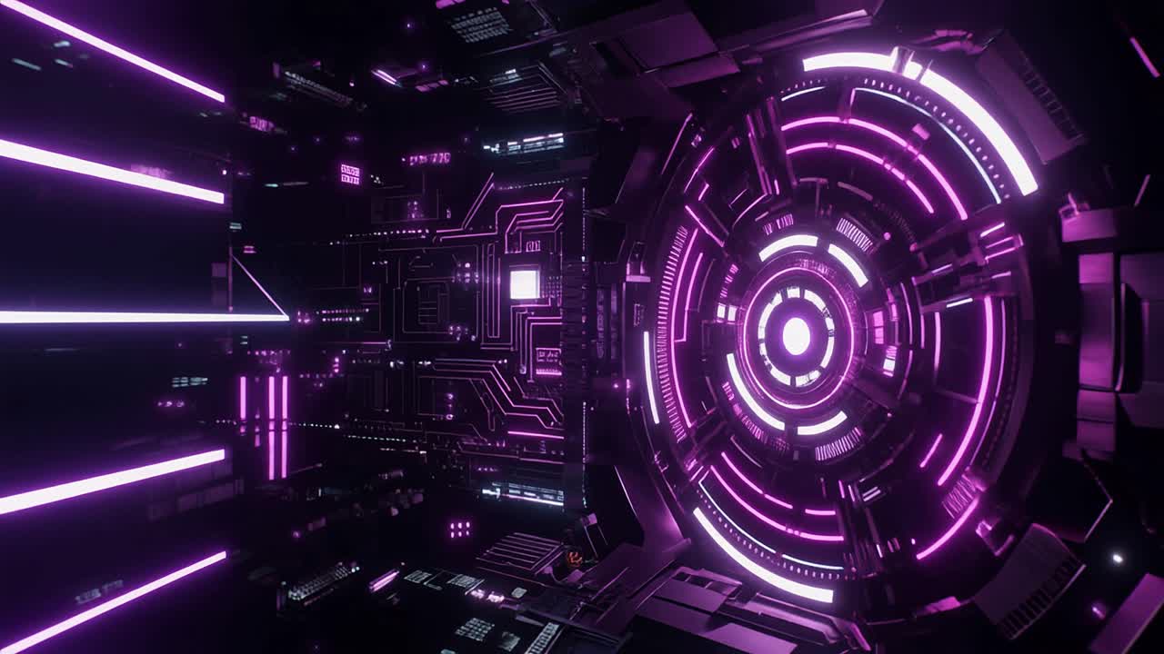 Futuristic Digital Technology Background with Glowing Purple Circuit Board and Rotating Core