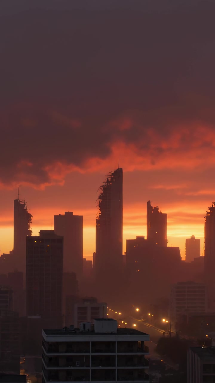 Video vertical: Mostrando la iluminación del horizonte urbano mientras el atardecer se intensifica desde un tejado, con torres dentadas.