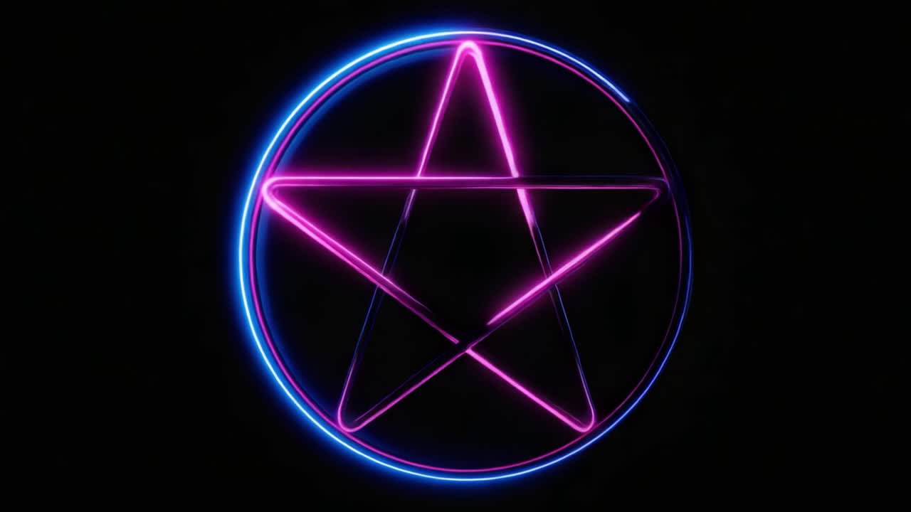 Zářivý neonový pentagram v kruhovém rámu, vyzařující výraznou růžovou a modrou záři na tmavém pozadí, ideální pro symbolizaci mysticismu a esoterických témat