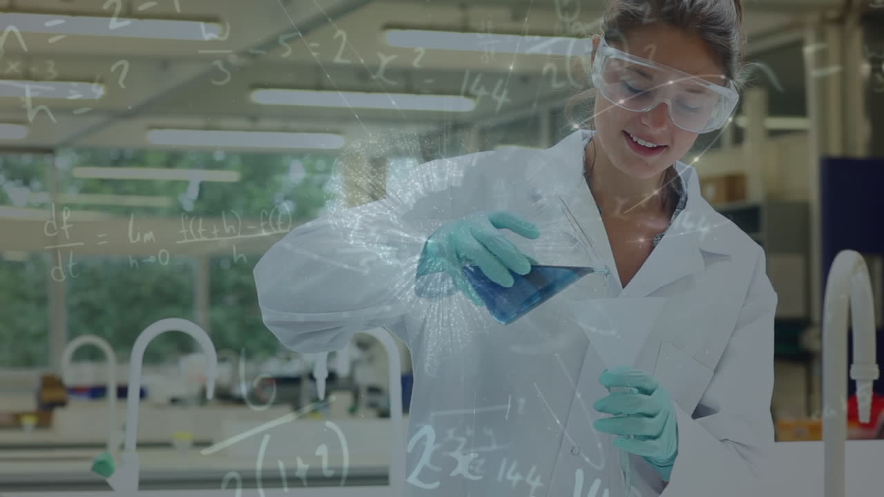 animación de ecuaciones matemáticas y globo sobre científica biracial en el laboratorio
