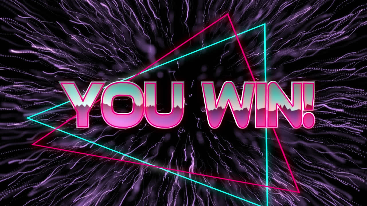 기하학적 움직이는 모양과 불꽃놀이에 대한 텍스트를 이기는 애니메이션