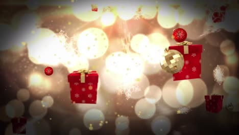 Animation-Von-Weihnachtsgeschenken-Und-Kugeln,-Die-über-Weihnachtslichterketten-Fallen