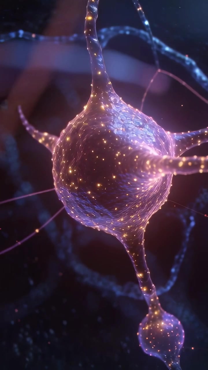Vertical video: Moving camera toward neuron soma in neural network, showing processes and pulses