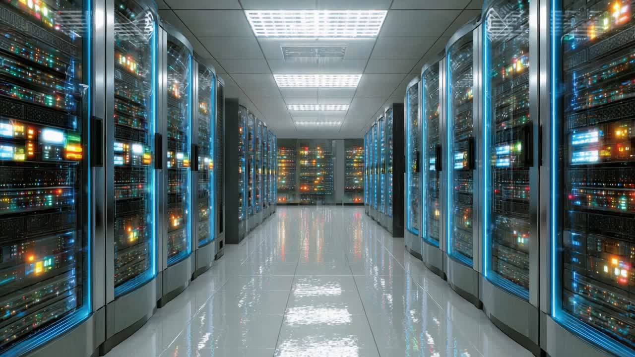 An Impressive View Inside a Modern Data Center Featuring Rows of Servers with Luminous Lights Reflecting Off the Polished Floor in a High-Tech Environment