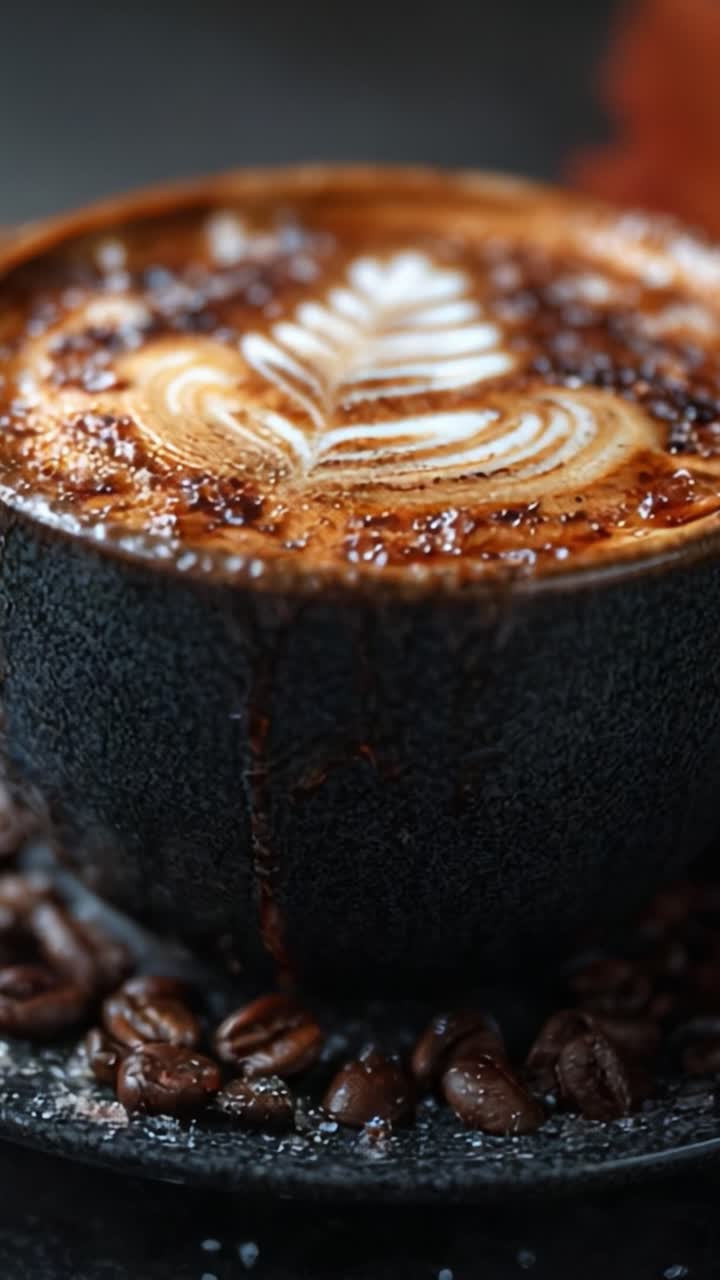 Lækker barista-brygget espresso med kunstfærdig latte art og fyldige kaffebønner i en rustik kop, der viser den perfekte blanding af smag og æstetik