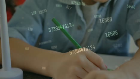 Animation-of-numbers-over-caucasian-schoolboy-writing