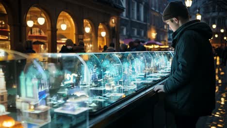 man admires illuminated display in urban marketplace at night
