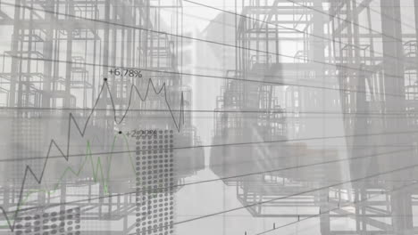 animación del procesamiento de datos sobre la ciudad digital y el paisaje urbano sobre fondo blanco