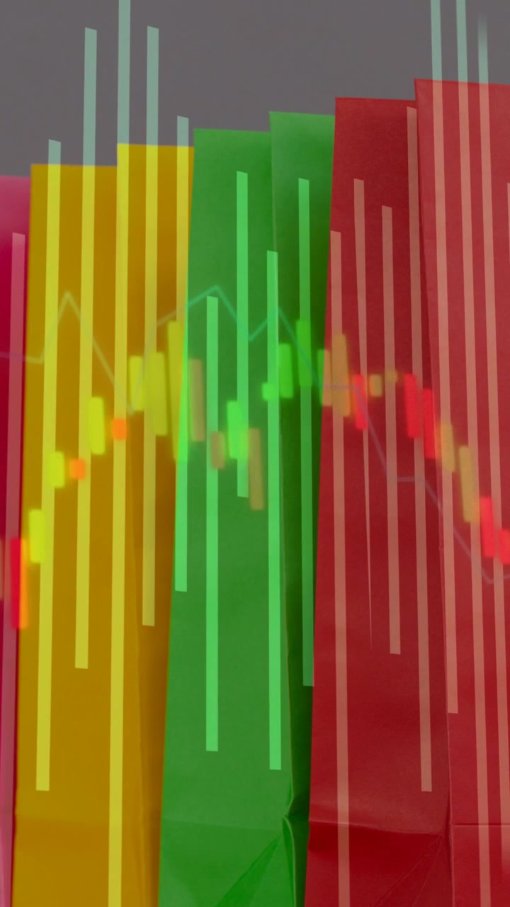 Vertical video: On play data chart moving across color panels, showing market trend shifts