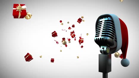 Animation-of-santa-hat-on-vintage-microphone-with-christmas-presents-falling-on-white-background