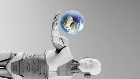 inteligencia artificial global tomando el control, robot cyborg humanoide sosteniendo el globo planeta tierra sobre su palma de la mano en animación de renderización 3d