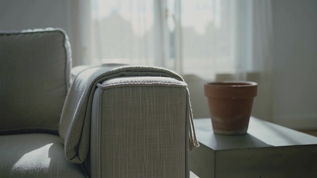 Pulling back camera revealing sofa arm and draped blanket at window to show empty terracotta pot