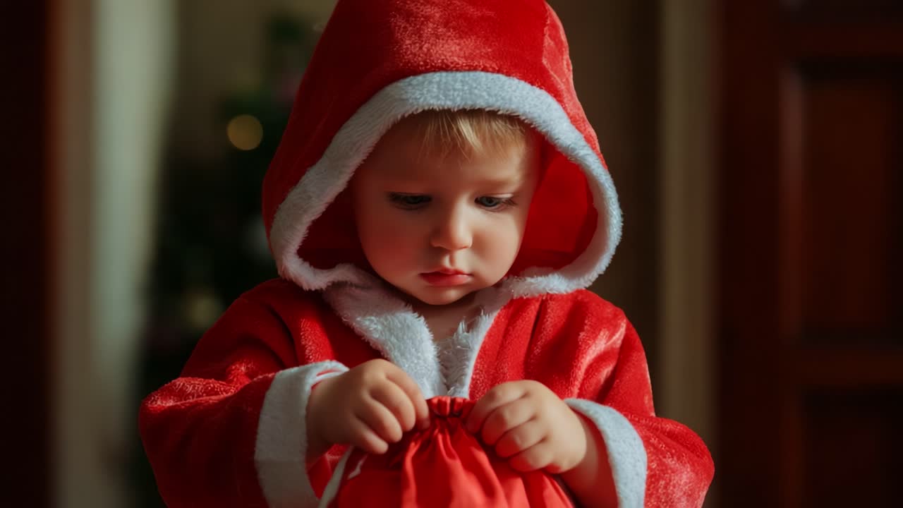 Un bambino vestito da Babbo Natale apre con cura una sacca rossa, esprimendo la gioia e la meraviglia delle feste natalizie con un'adorabile espressione di attesa