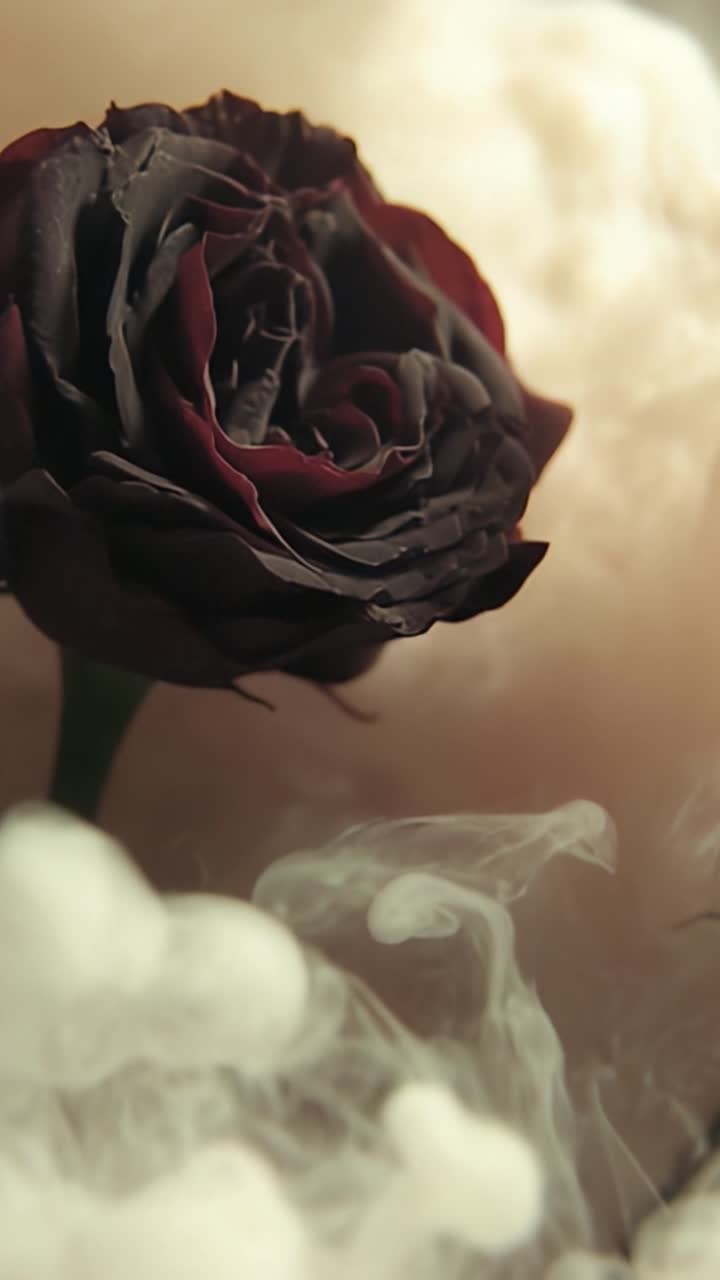 Un contrasto affascinante: una rosa scura emerge da volute di fumo etereo, simboleggiando bellezza e transitorietà in un'atmosfera onirica.