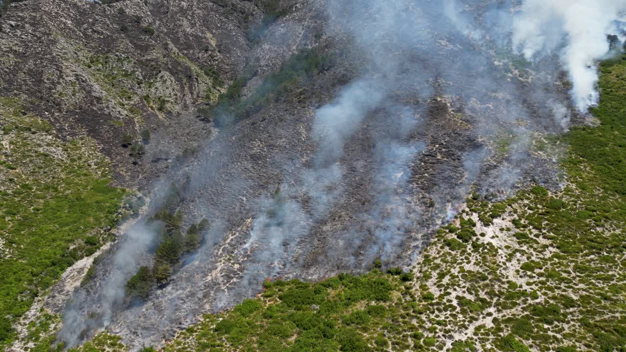 Forest on the mountain burning from wildfire leaving scorched land and smoke behind