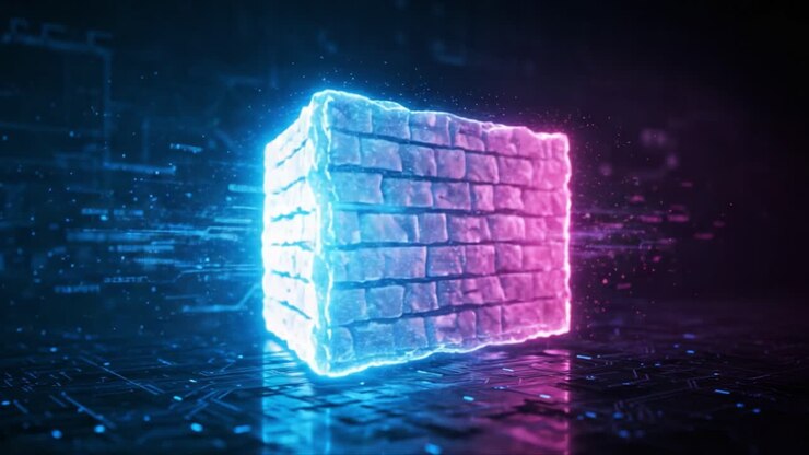 Transizione dinamica di una struttura rettangolare luminosa al neon che rappresenta la scomposizione digitale e il flusso di dati in un ambiente cibernetico futuristico.