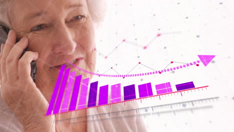 animation of arrow on falling graph over senior caucasian woman talking on smartphone at home