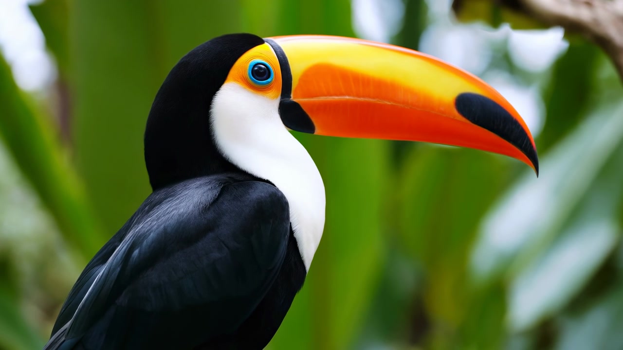 Close-up de Tucano-toco Vibrante na Floresta Tropical, Empoleirado em Galho Entre Folhas Verdes Exuberantes, Bico Laranja Brilhante.