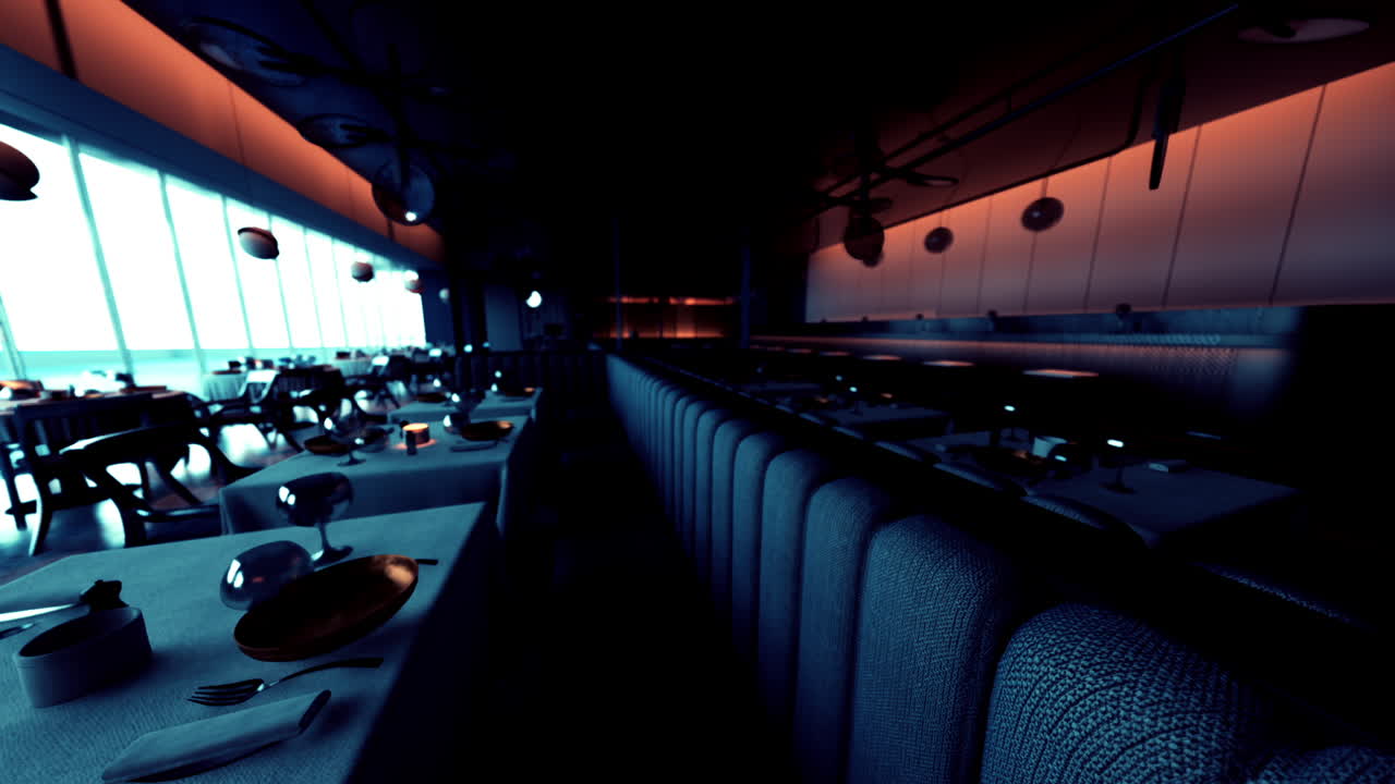 Elegant empty restaurant with modern decor and dim lighting in a city setting