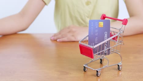 a shopper makes a credit card payment using a tiny cart symbolizing modern retail transactions