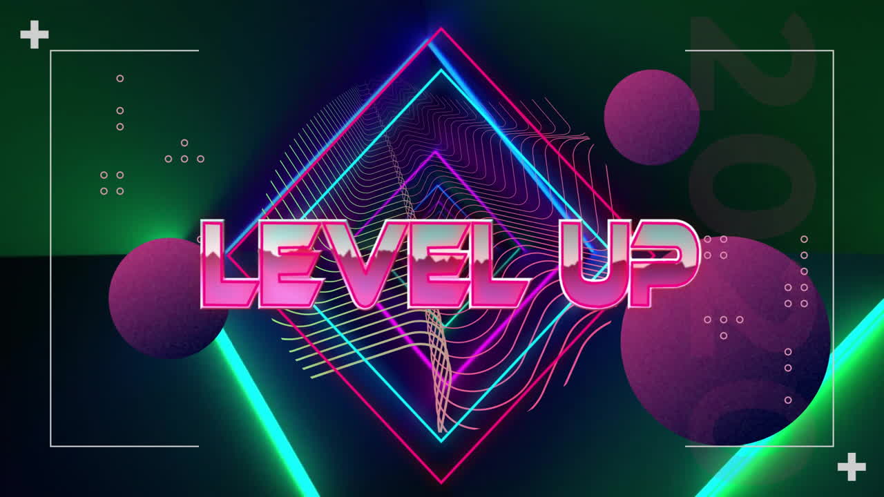 Level up text animation over neon geometric shapes and abstract background
