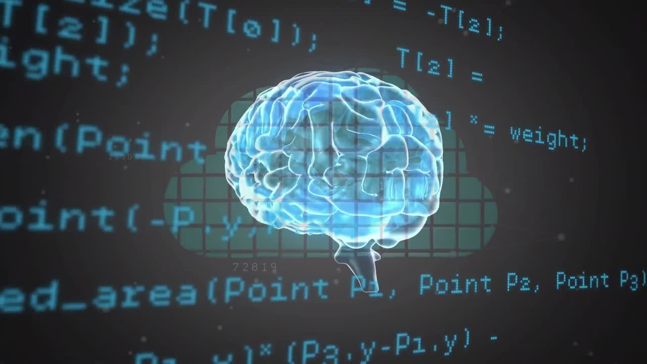 어두운 배경 위에 데이터 처리와 인간의 뇌의 애니메이션
