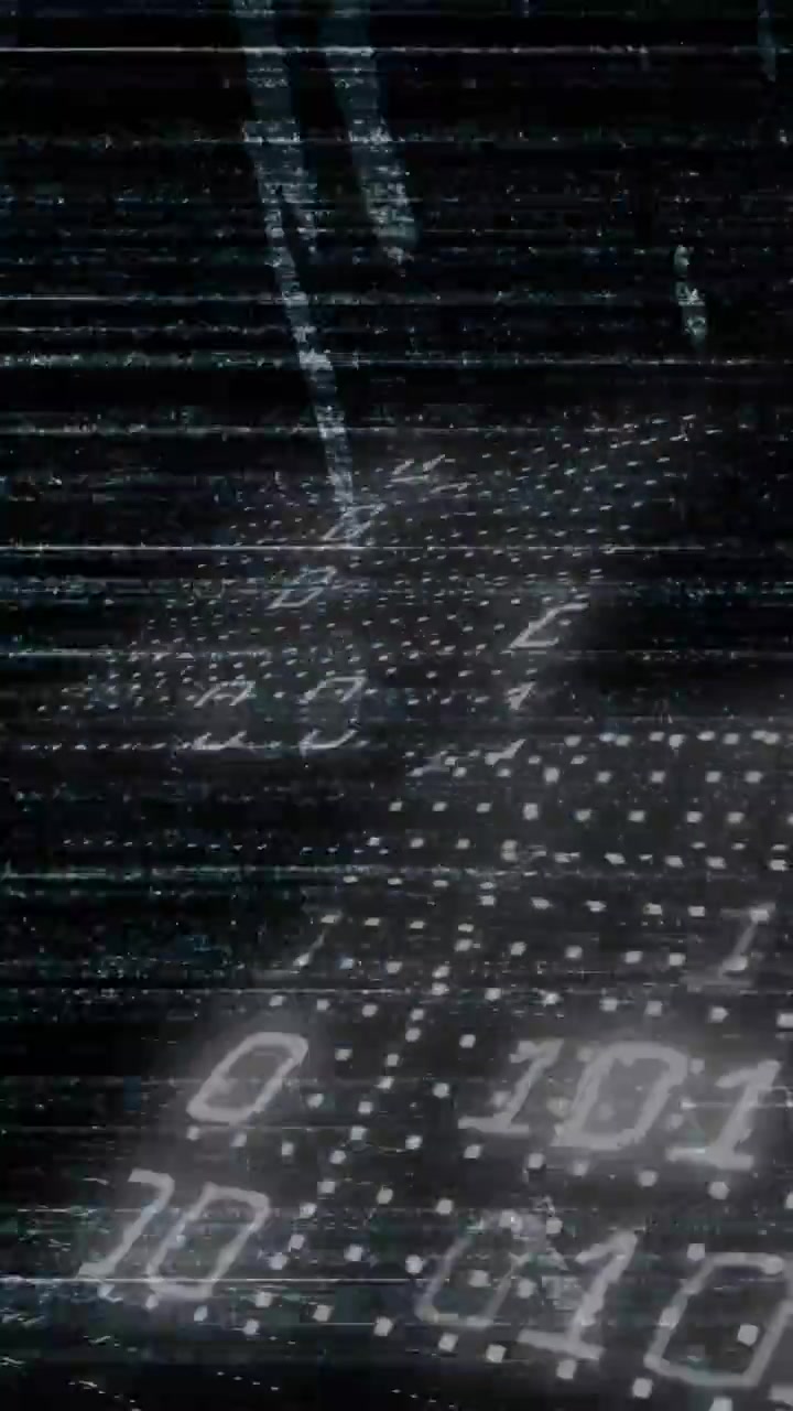 Animation of binary coding and interference over businesswoman wearing phone headset
