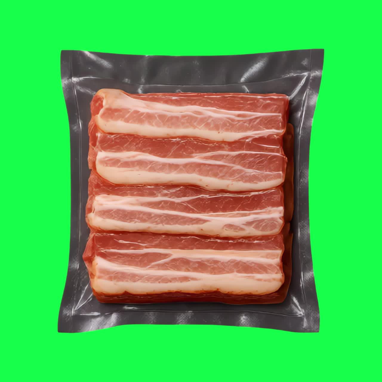 Animazione di una confezione di fette di pancetta sottovuoto, video 4K trasparente, schermo verde.