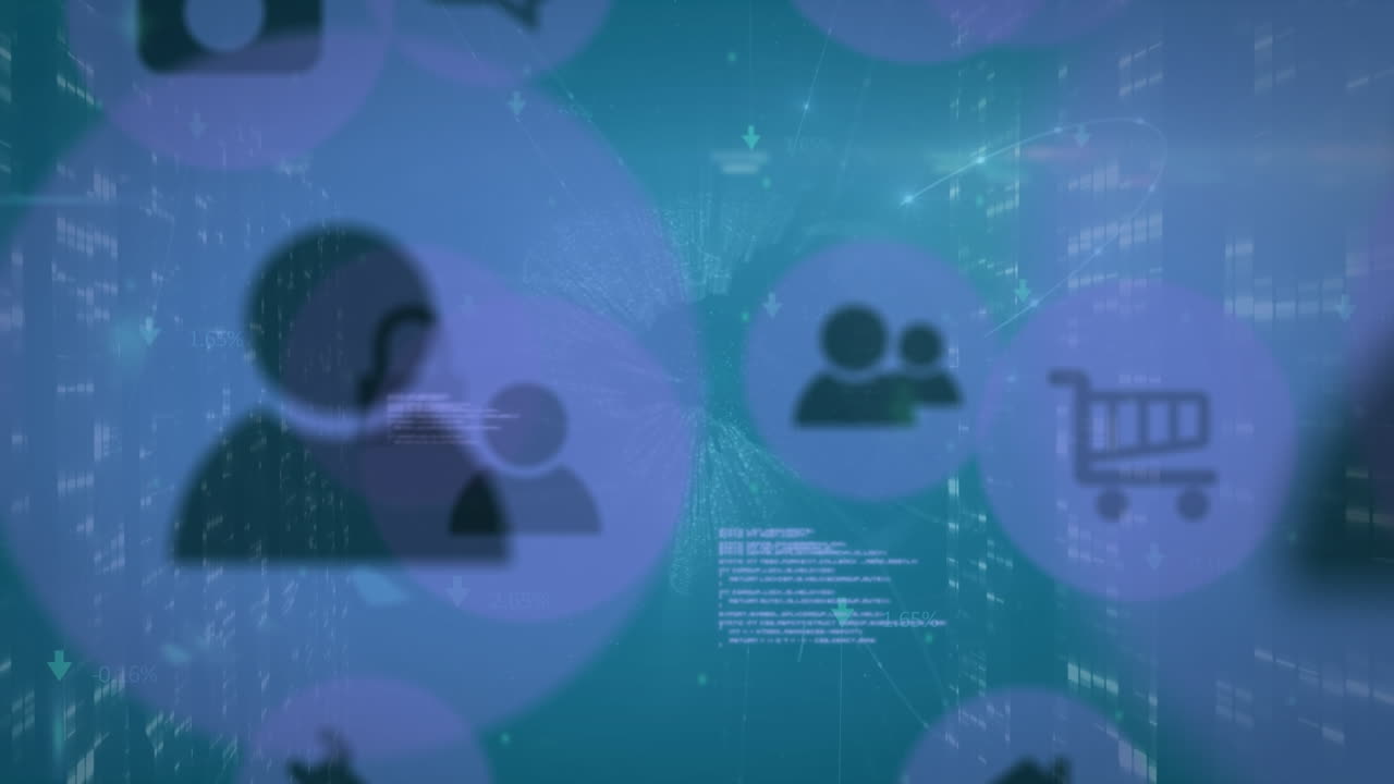 animación de personas e iconos de carrito de compras sobre procesamiento de datos en fondo azul