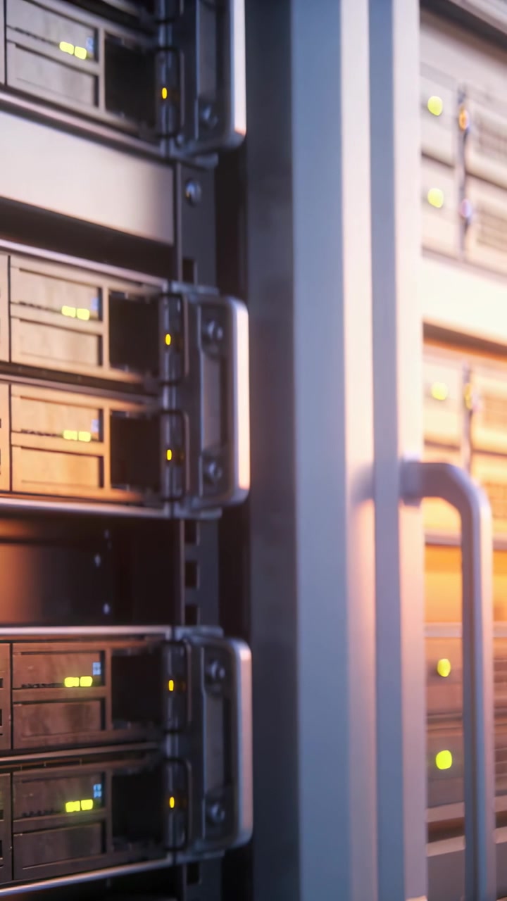 Video verticale: Telecamera che panoramica a destra in un data center, mostrando un rack con LED tremolanti e una maniglia.