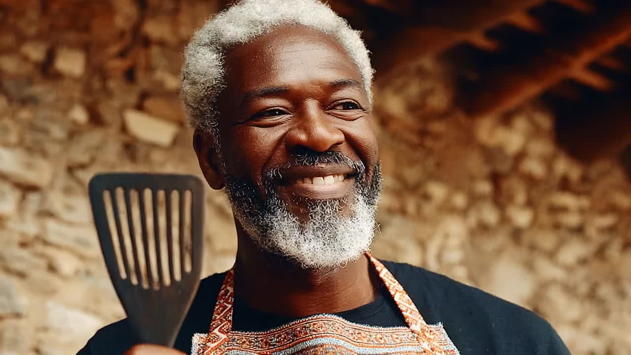 A joyful chef with silver hair and a warm smile holds a spatula in a cozy kitchen, showcasing a love for cooking and sharing delightful culinary experiences