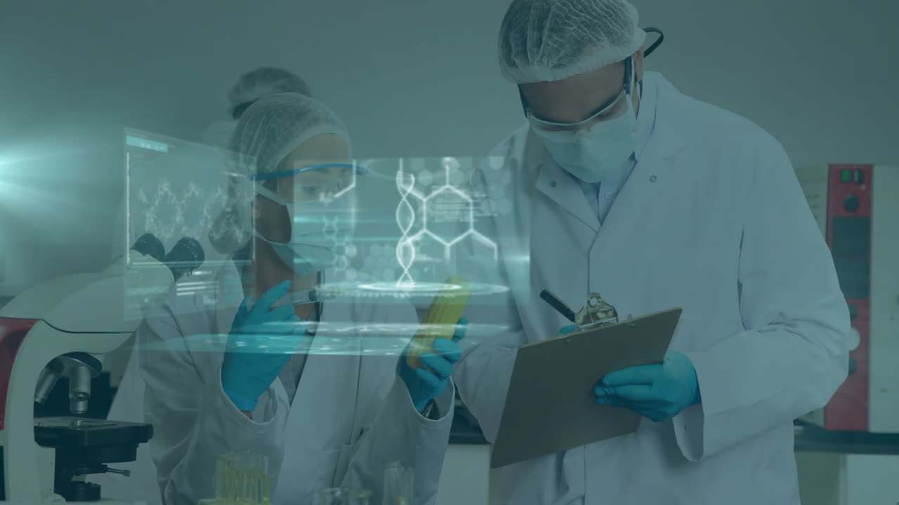Researchers examining test tubes while taking notes featuring holographic molecular overlay in lab