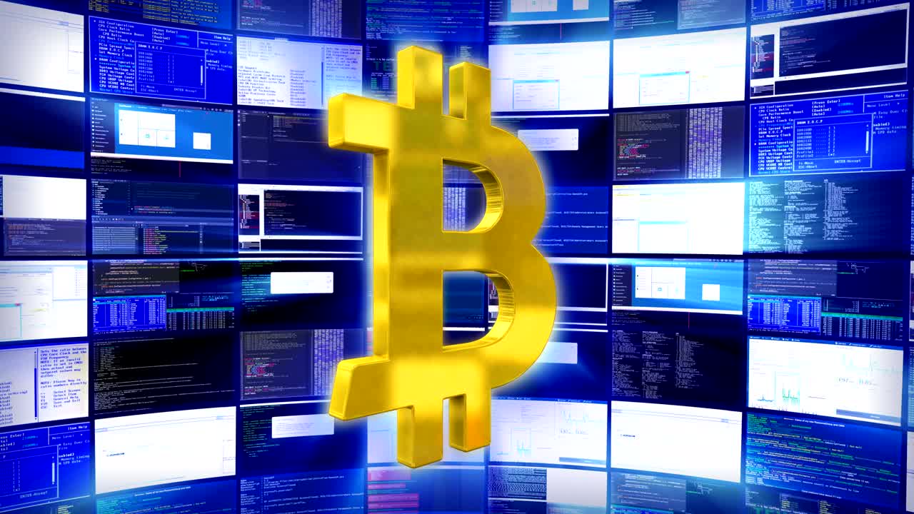 signo de oro de bitcoin contra una granja minera en asia