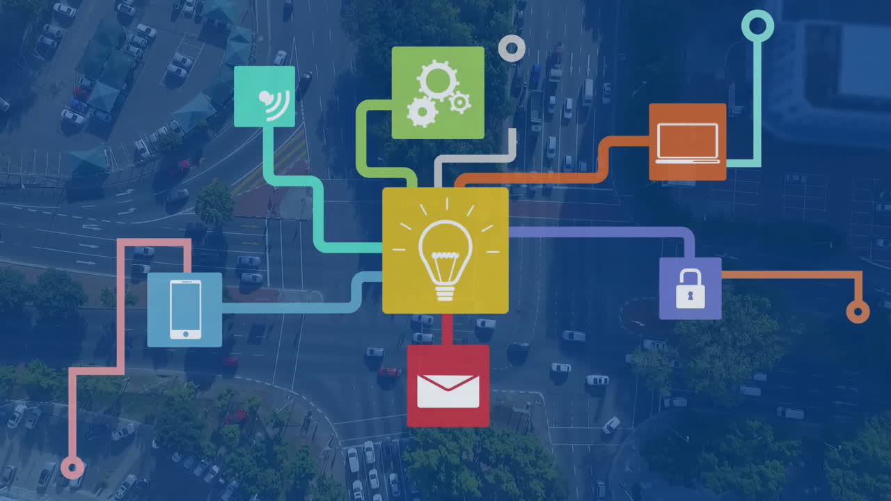 도시 풍경 위의 아이콘으로 연결된 네트워크의 애니메이션