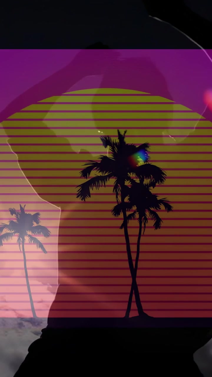 Video verticale: Uomo che mima le parole di una canzone con auricolari, cambia posa attraverso un sole in stile vaporwave per la musica