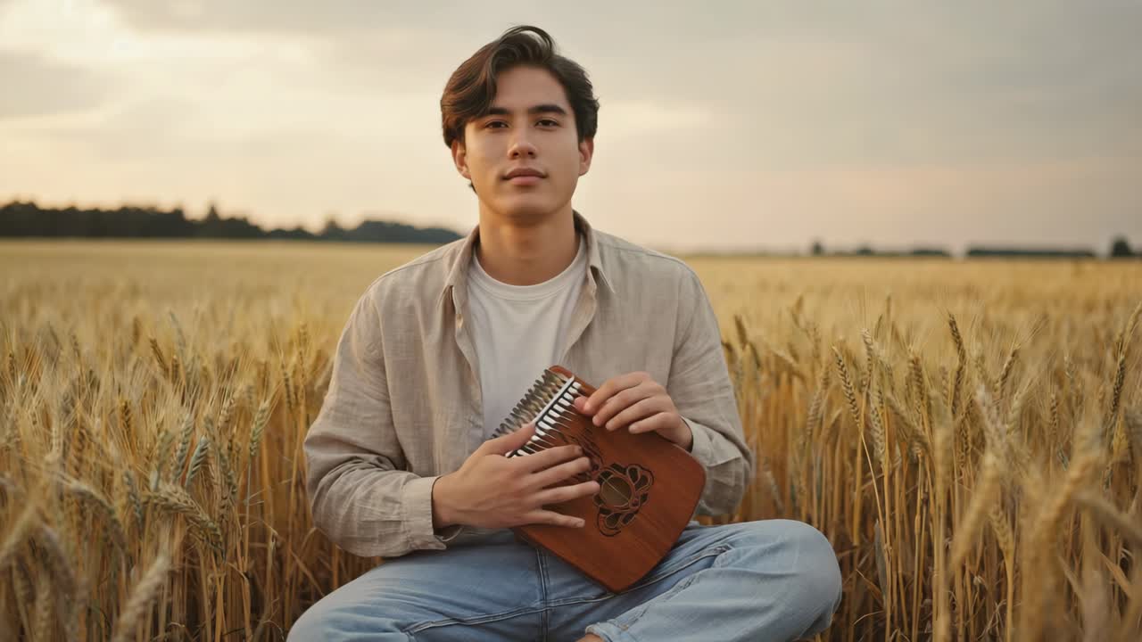 Man playing kalimba in a wheat field