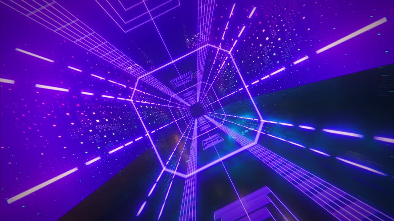 3d 렌더링, 추상적인 기하학적 배경, 형광 자외선, 터널 안에서 회전하는 반이는 네온 선, 파란색, 빨간색, 분홍색, 보라색 스트럼, 회전하는 모양, 루프 애니메이션, 스 비디오