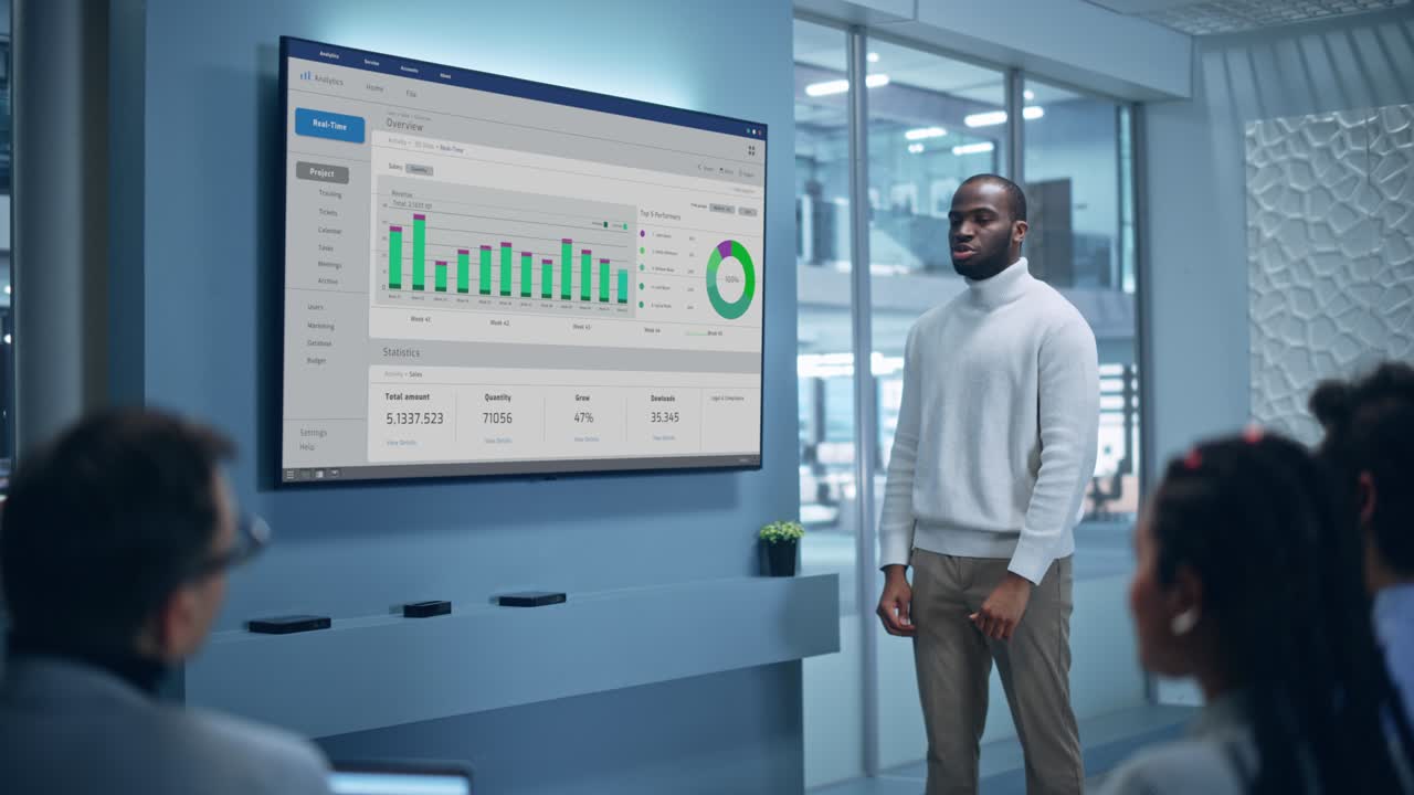 presentación de reuniones en la sala de conferencias de la oficina: empresario negro habla, usa la televisión de pared para mostrar el crecimiento de la compañía con análisis de big data, gráficos, gráficos e infografías. trabajadores de startups de comercio electrónico multiétnicos