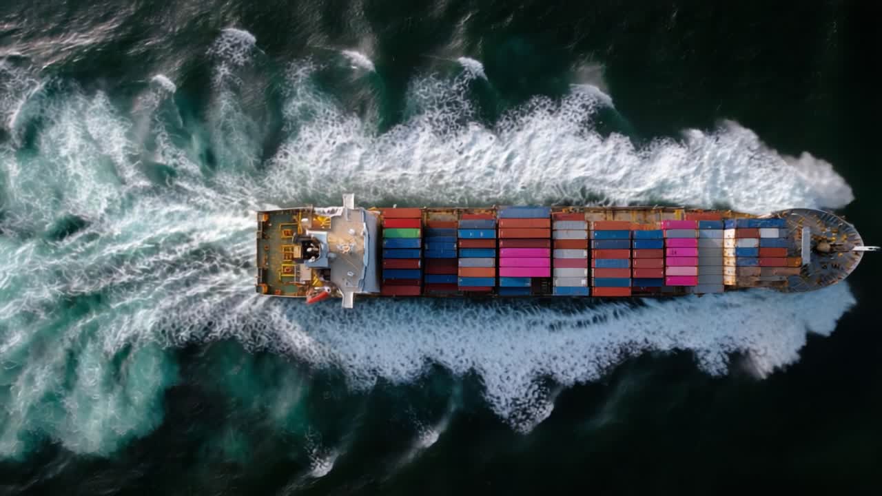 Aerial View of a Container Ship Navigating Through Ocean Waves, Illustrating Maritime Logistics and Global Trade with Colorful Cargo Containers