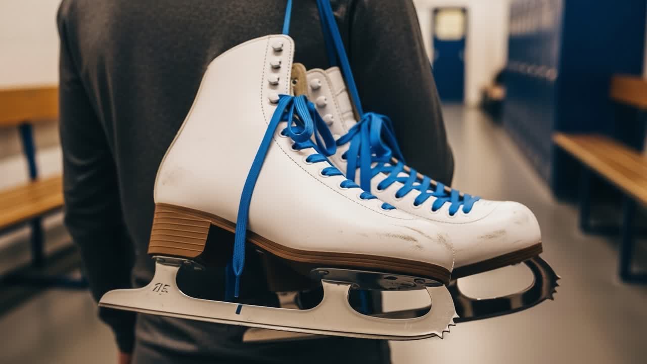 A Close-Up View of Brand New Ice Skates Suspended from a Skater's Arm, Ready for Practice or Competition in a Modern Ice Rink Environment