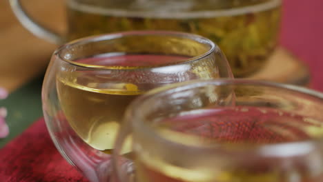 close up of glass tea cups with green tea