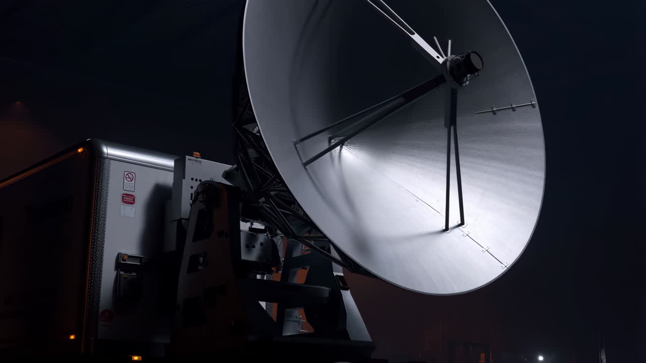 Large satellite dish on a mobile unit at night