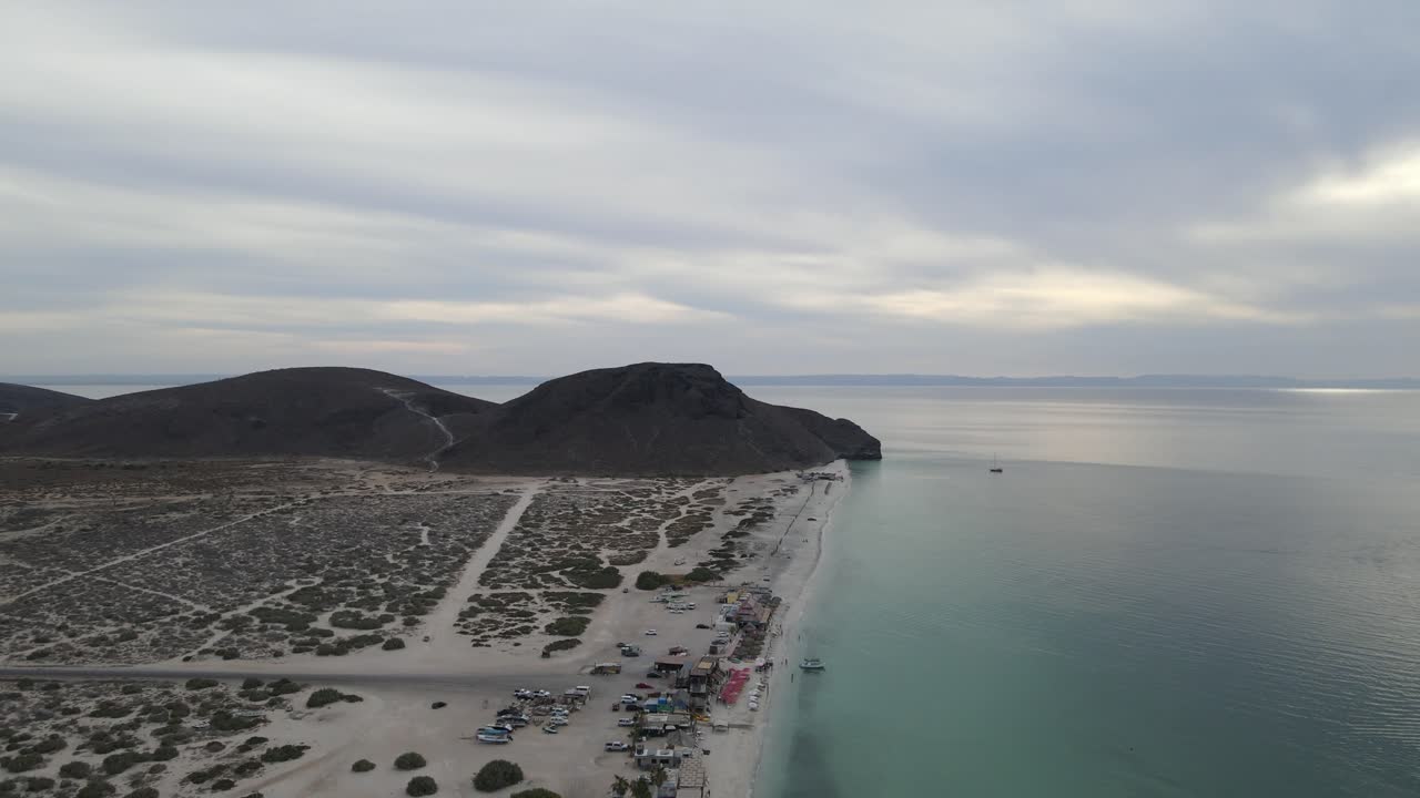 Aerial view of El Tecolote beach on the Baja California Sur peninsula, in La Paz, Mexico